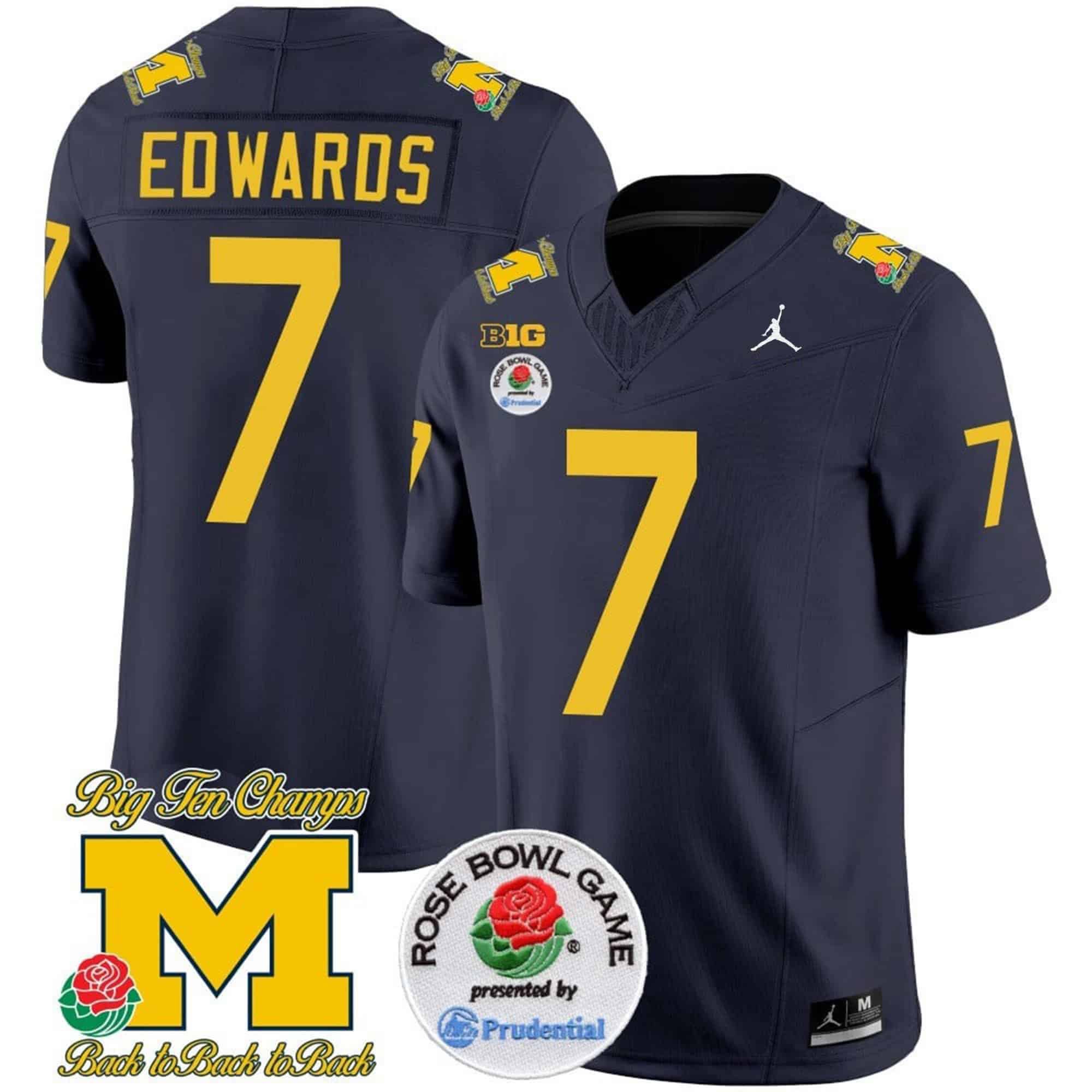 Men Michigan Wolverines #7 Edwards Drak Blue 2024 Rose Bowl Patch Vapor Limited NCAA Jersey